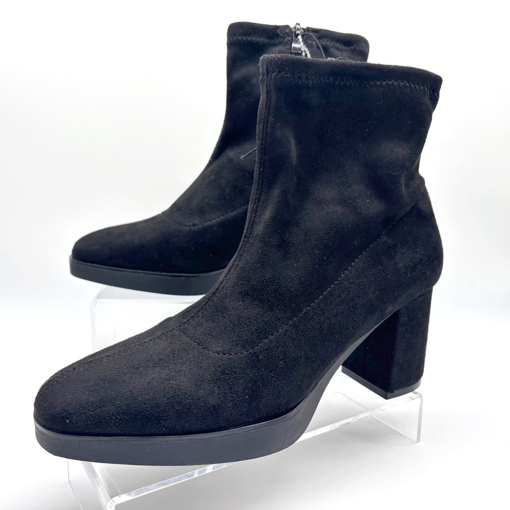 American Exchange Flory Black Faux Suede Ankle Boots Block Heel Women's Size 6.5